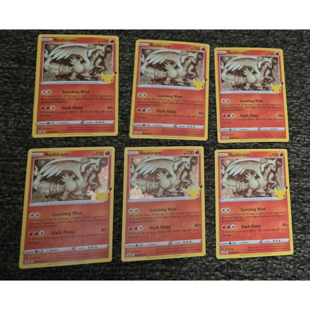 Six Basic Reshiram Pokemon Cards 002/025 2021
